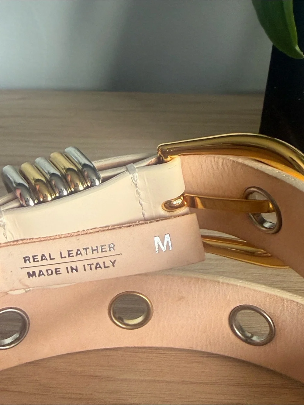Women's Cream Grommet Belt with Mixed Metal Hardware